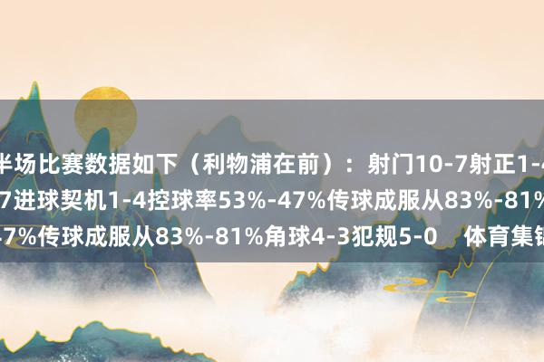 半场比赛数据如下（利物浦在前）：射门10-7射正1-4预期进球1.01-1.97进球契机1-4控球率53%-47%传球成服从83%-81%角球4-3犯规5-0    体育集锦